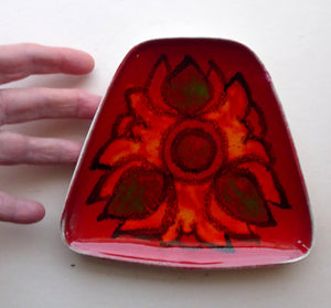 LARGER 1970s Poole DELPHIS Pin Dish. Abstract Designs in Red, Orange and Green Shades