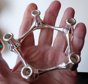SILVER PLATE: Sweet Little 1960s DANISH Candle Holder with Fine Taper Candles. Holds 5 candles. Still in Original Box