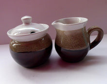 Load image into Gallery viewer, SCOTTISH POTTERY. Two Vintage Studio Pottery Dishes by Tom Lochhead, Kirkcudbright. Stoneware Lidded Jam Pot and Creamer
