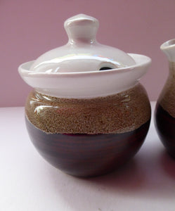 SCOTTISH POTTERY. Two Vintage Studio Pottery Dishes by Tom Lochhead, Kirkcudbright. Stoneware Lidded Jam Pot and Creamer