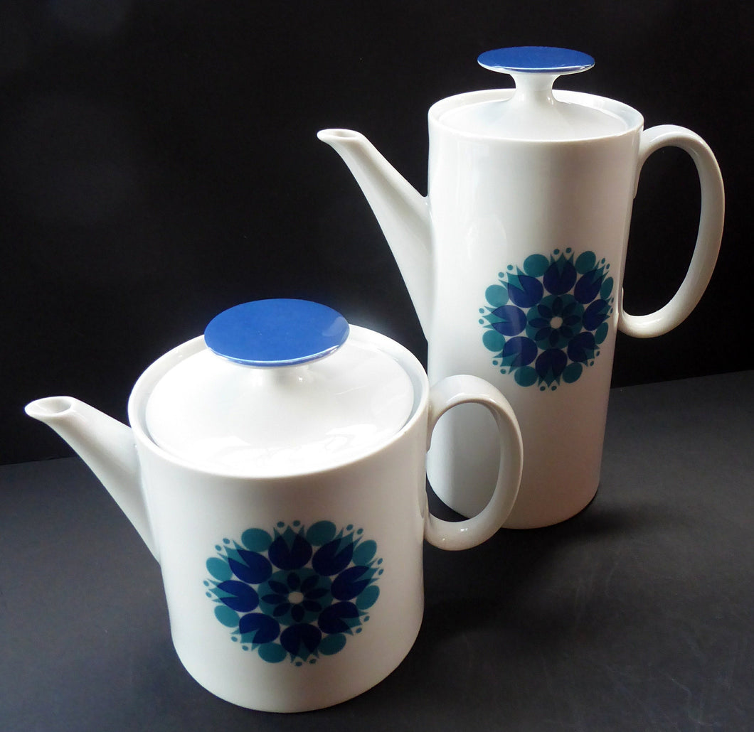 PAIR: 1960s THOMAS (Rosenthal) Vintage Porcelain Coffee Pot and Matching Teapot - both decorated with abstract MEDALLION pattern