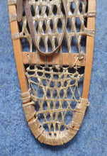 Load image into Gallery viewer, Vintage Snowshoes, Genuine Old Wooden Snowshoes, with Hide Mesh and Old Brown Leather Shoe Pockets. Great Ski Lodge Decorations
