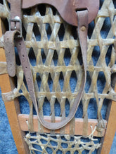 Load image into Gallery viewer, Vintage Snowshoes, Genuine Old Wooden Snowshoes, with Hide Mesh and Old Brown Leather Shoe Pockets. Great Ski Lodge Decorations
