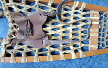 Load image into Gallery viewer, Vintage Snowshoes, Genuine Old Wooden Snowshoes, with Hide Mesh and Old Brown Leather Shoe Pockets. Great Ski Lodge Decorations
