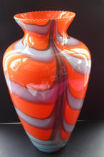 Load image into Gallery viewer, LARGE Mid Century ZEBRA Stripe V.B. Opaline Glass Vase. Orange Body with Grey Swirls. 13 inches in height
