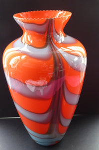 LARGE Mid Century ZEBRA Stripe V.B. Opaline Glass Vase. Orange Body with Grey Swirls. 13 inches in height