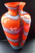 Load image into Gallery viewer, LARGE Mid Century ZEBRA Stripe V.B. Opaline Glass Vase. Orange Body with Grey Swirls. 13 inches in height
