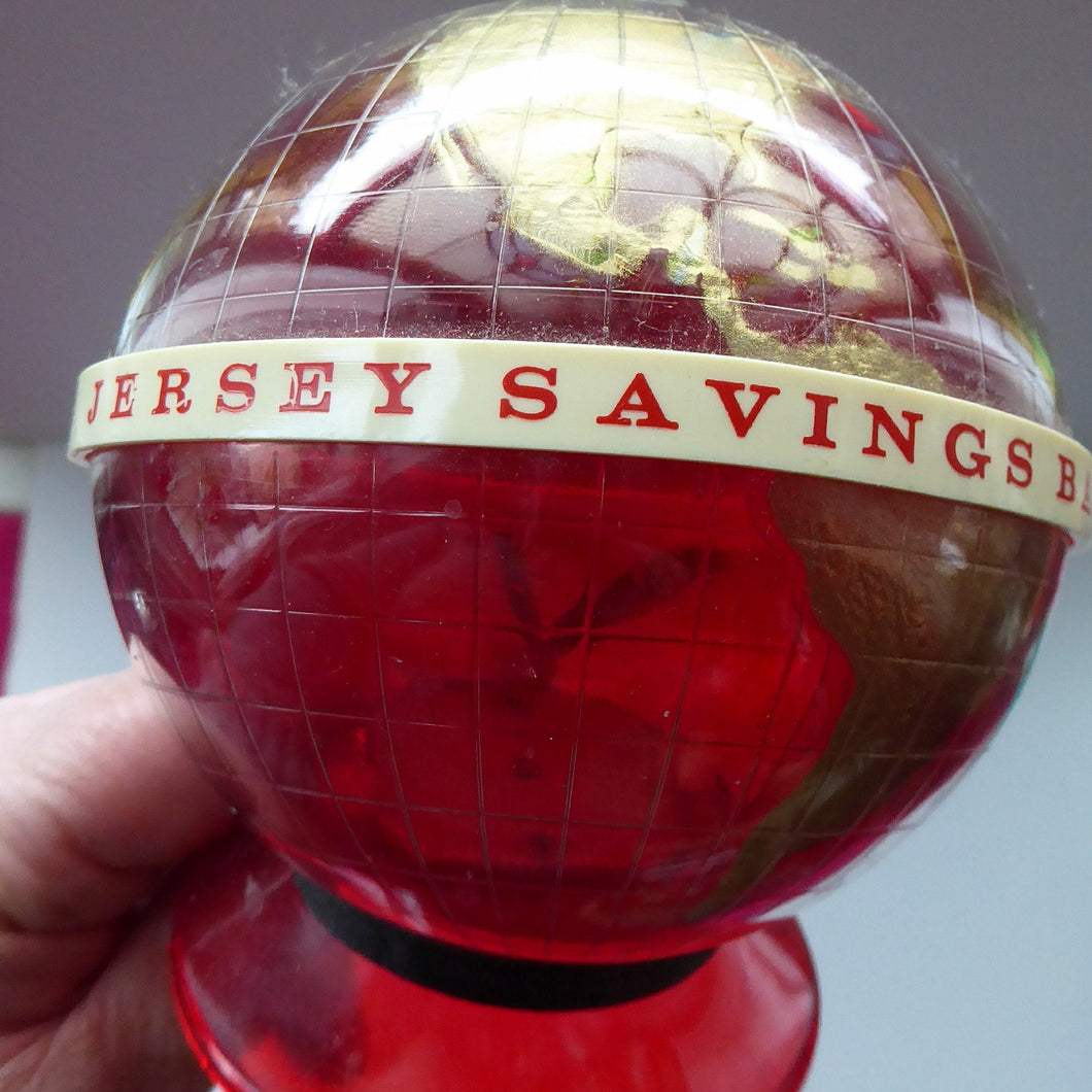 Original 1960s Issue Money Bank in the Form of a World Globe. Made in Finland for JERSEY Savings Bank