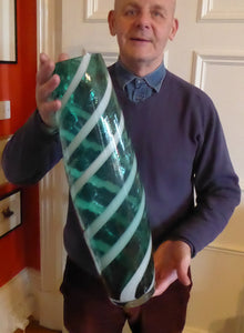 Massive Mid Century Alrose / Empoli Italian Glass Vase: Clear Aqua Green with White Opaque Spiral