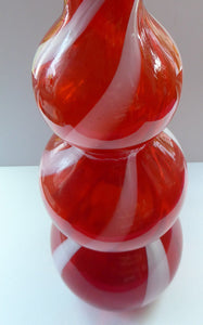 Fabulous Space Age Alrose / Empoli Italian Glass Genie Bottle Vase: Complete with Original Stopper. Red and White Candy Stripes
