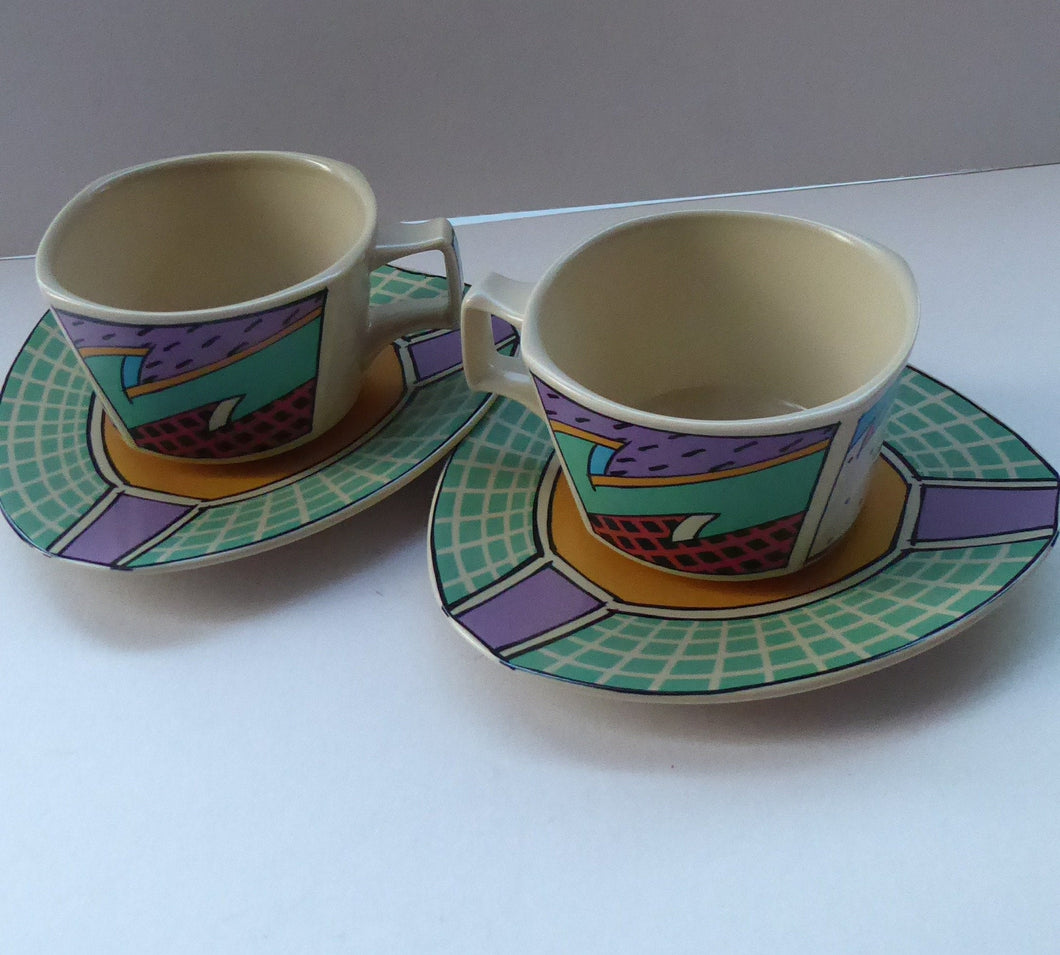 PAIR of ROSENTHAL Flash One Pattern Studio Linie Coffee Cups and Saucers. Designed by Dorothy Hafner, 1980s