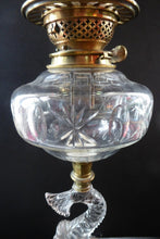 Load image into Gallery viewer, ANTIQUE Victorian Clear Pressed Glass Oil or Kerosene Lamp. Complete Lamp with Unusual Glass Fish Decorative Section
