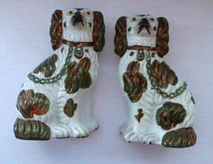 Rarer Small Staffordshire Dogs Chimney Spaniels / Wally Dugs. With Unusual Olive Green Lustre Patches; c 1860