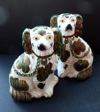 Load image into Gallery viewer, Rarer Small Staffordshire Dogs Chimney Spaniels / Wally Dugs. With Unusual Olive Green Lustre Patches; c 1860
