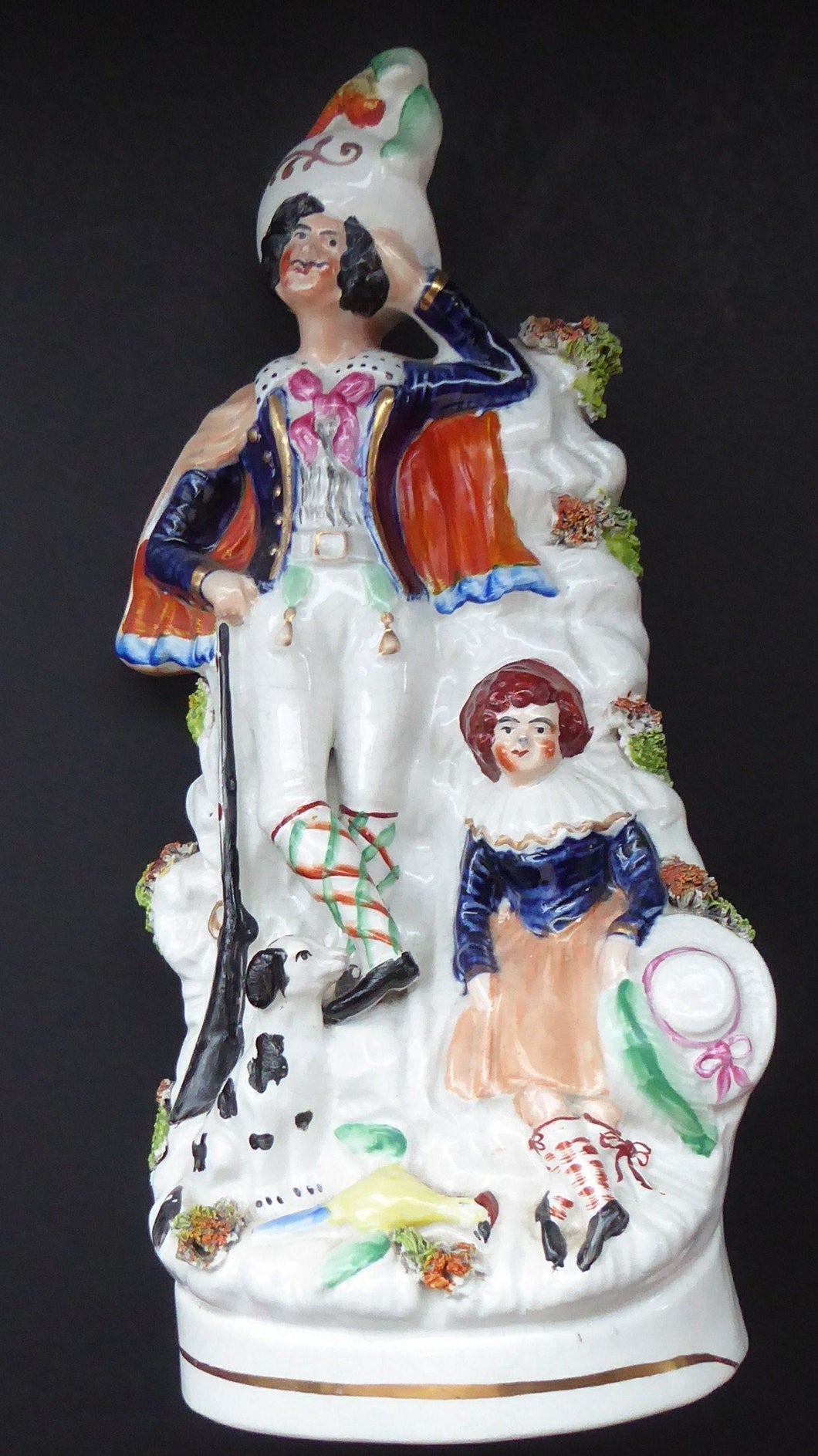 Antique STAFFORDSHIRE Figurine. Rarer Group of Huntsman, Dog & Game, and Little Seated Girl. Excellent Condition. 11 1/4 inches high