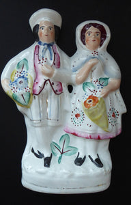 ANTIQUE Victorian Staffordshire Figurine. Lovely Wee Man and Woman with Baskets Full of Flowers