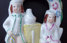 Load image into Gallery viewer, ANTIQUE Victorian Staffordshire Figurine. Small Flatback Model of a Man and Woman at a Water Well

