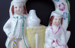 ANTIQUE Victorian Staffordshire Figurine. Small Flatback Model of a Man and Woman at a Water Well