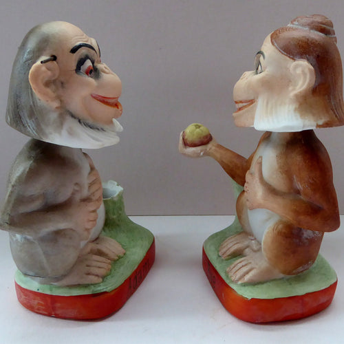 Antique PAIR of Miniature Bisque Porcelain Figures by Schafer & Vater.  Darwin's Theory of Evolution Model. Adam and Eve as Monkeys