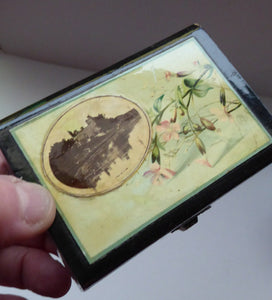 Antique 19th Century MAUCHLINE Ware Black Lacquer Box. Souvenir Box: Image of Linlithgow Palace and Victorian Flowers