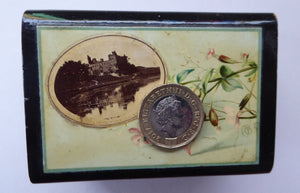 Antique 19th Century MAUCHLINE Ware Black Lacquer Box. Souvenir Box: Image of Linlithgow Palace and Victorian Flowers