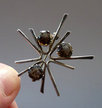 Load image into Gallery viewer, SCOTTISH SILVER 1970s ORTAK Starburst Brooch. Designed by Malcolm Grey.  Set with Three Smoky Quartz Stones. Hallmarked
