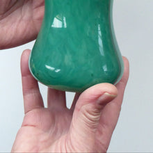 Load image into Gallery viewer, Scottish VASART Art Glass Vase.  Vintage 1950s Glassware with Fine Shape and Dark Aqua Green Colour. Gold Aventurine Inclusions
