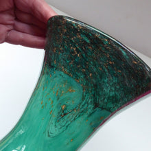 Load image into Gallery viewer, Scottish VASART Art Glass Vase.  Vintage 1950s Glassware with Fine Shape and Dark Aqua Green Colour. Gold Aventurine Inclusions
