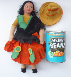 VINTAGE Norah Wellings Spanish Senorita Doll with Yellow Sombrero Hat. 11 inches with Original Cloth Tag