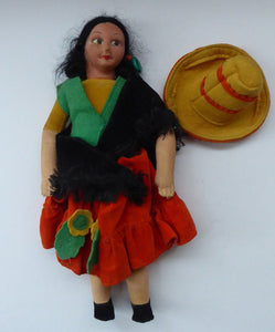 VINTAGE Norah Wellings Spanish Senorita Doll with Yellow Sombrero Hat. 11 inches with Original Cloth Tag