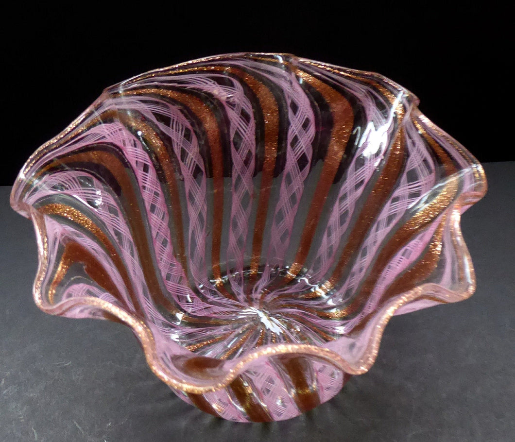 Vintage Venetian / Salviati Murano Glass Latticino Zanfirico Glass Finger Bowl; Gold Inclusions and Frilled Edges