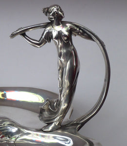 SIGNED WMF Silver Plate Art Nouveau / Jugendstil Serving Dish in Three Sections with Elegant Lady Resting on Whiplash Scroll