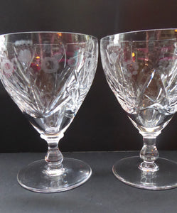 PAIR of EDINBURGH CRYSTAL 1940s Claret Glasses. Each with stylish Older Thistle and Flowers Pattern