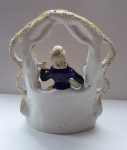 ANTIQUE Victorian Staffordshire Figurine. Lady Dressed in a Short Plaid Skirt Seated Under a Bough Playing a Lute