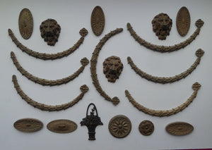 Very Rare Set of Antique Papier Mache Decorative Mouldings: Lions Heads, Garlands and Roses (all in good condition)
