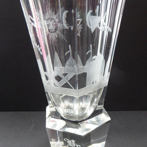 LARGE MASONIC Firing Glass - with Heavy Faceted Base and Fabulous Engraved Masonic Symbols: Sun, Pyramid, Dividers Etc
