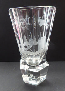 LARGE MASONIC Firing Glass - with Heavy Faceted Base and Fabulous Engraved Masonic Symbols: Sun, Pyramid, Dividers Etc