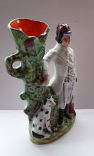 Load image into Gallery viewer, 19th Century Staffordshire Figurine. Rare Antique  Flatback Model / Spill Vase of a Gamekeeper and His Dalmatian Dog
