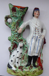 19th Century Staffordshire Figurine. Rare Antique  Flatback Model / Spill Vase of a Gamekeeper and His Dalmatian Dog