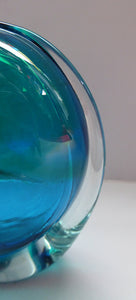 Vintage Mdina Glass Vase. Great Shape with Green-Blue Shade, Flared Neck and Clear Trails to Each Side