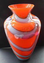 Load image into Gallery viewer, LARGE Mid Century ZEBRA Stripe V.B. Opaline Glass Vase. Orange Body with Grey Swirls. 13 inches in height
