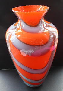 LARGE Mid Century ZEBRA Stripe V.B. Opaline Glass Vase. Orange Body with Grey Swirls. 13 inches in height