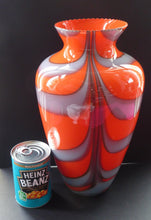 Load image into Gallery viewer, LARGE Mid Century ZEBRA Stripe V.B. Opaline Glass Vase. Orange Body with Grey Swirls. 13 inches in height
