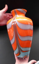 Load image into Gallery viewer, LARGE Mid Century ZEBRA Stripe V.B. Opaline Glass Vase. Orange Body with Grey Swirls. 13 inches in height
