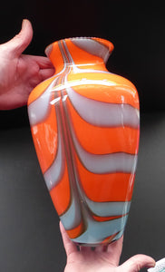 LARGE Mid Century ZEBRA Stripe V.B. Opaline Glass Vase. Orange Body with Grey Swirls. 13 inches in height