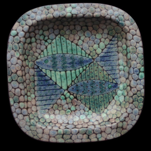 STUDIO POTTERY Heavy Dish or Platter with Strange Fish Design. The Decoration is all made of dots to resemble shagreen. Fully signed to the rear