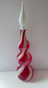 Fabulous Space Age Alrose / Empoli Italian Glass Genie Bottle Vase: Complete with Original Stopper. Red and White Candy Stripes