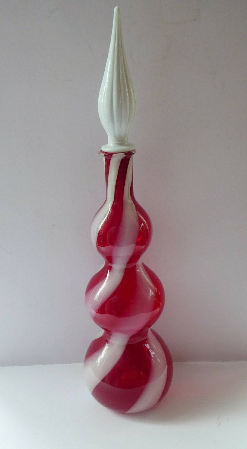Fabulous Space Age Alrose / Empoli Italian Glass Genie Bottle Vase: Complete with Original Stopper. Red and White Candy Stripes