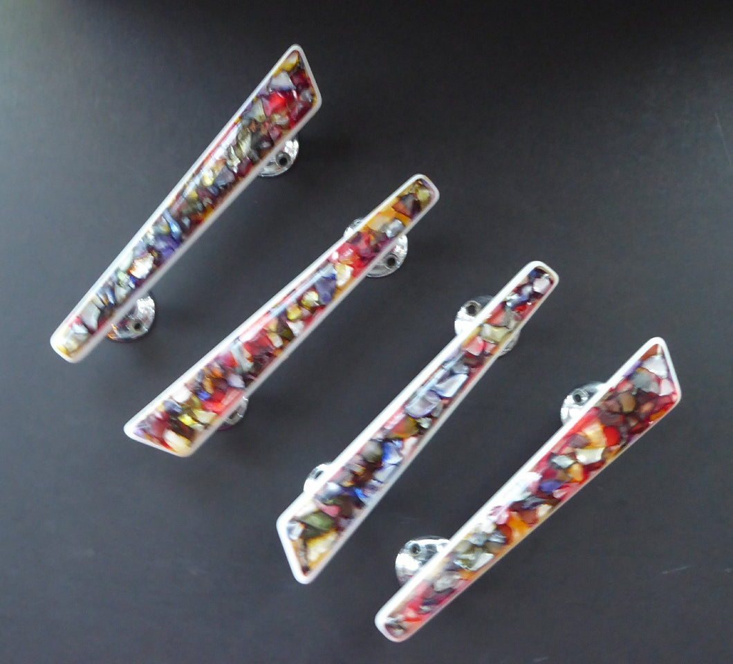1950s Original Space Age Door Handles. Tutti-Frutti Resin / Lucite with White Backs on Chrome Fitments. Set of Four