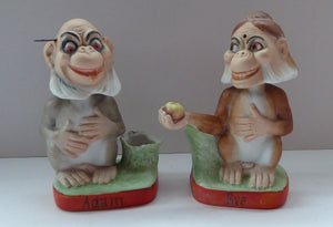 Antique PAIR of Miniature Bisque Porcelain Figures by Schafer & Vater.  Darwin's Theory of Evolution Model. Adam and Eve as Monkeys
